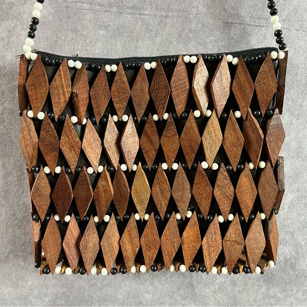 Vintage Wood Bead Shoulder Bag Purse 1970s Hippie Boho Zip Approx 9 X 8‎ Inches